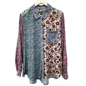 STYLE & Co. Boho Tunic Blouse Womens Plus Size 2X Blue Floral ButtonUp Rayon Top